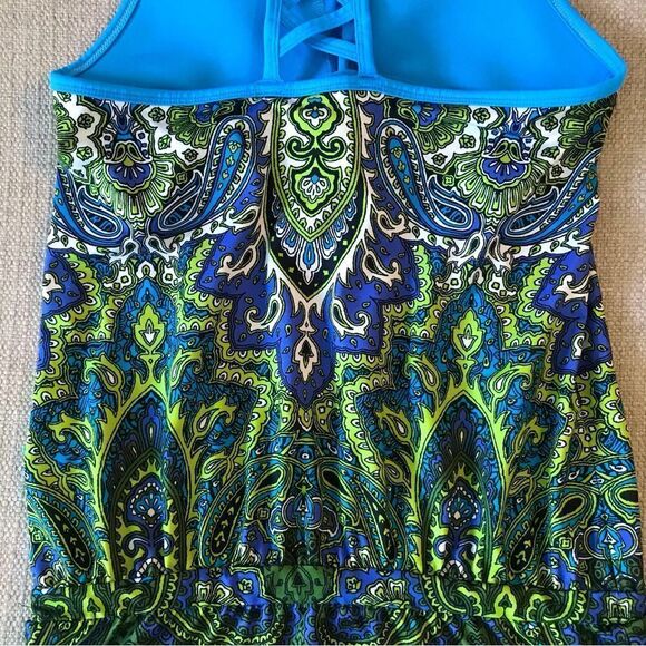 Athleta Blue Green Paisley Drawstring Racerback Swim Top - Picture 8 of 13